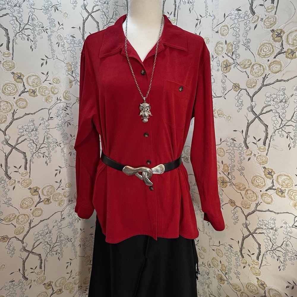 Talbots Faux Suade Shirt Women's Sz M Button Down Long Sleeves Oversized Red Top